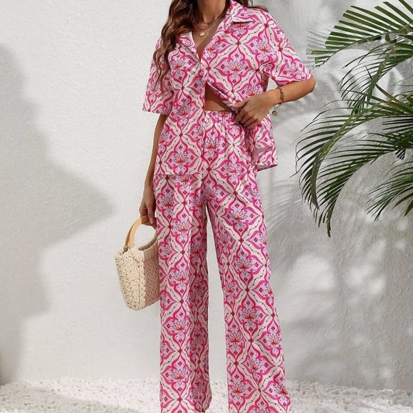 Multicolor Boho Womens  Allover Print Knot Front Shirt & Wide Leg Pants - Picture 1 of 5